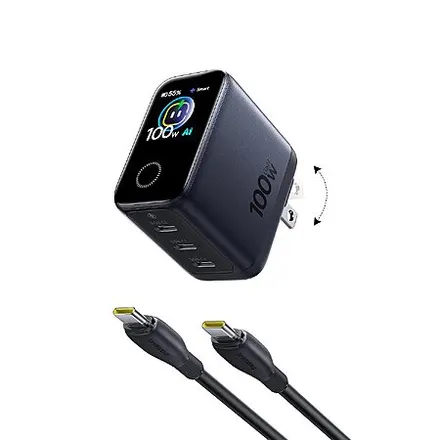 100W Baseus PicoGo Pro AH22 3-Port Smart Display USB-C Charger + 2x 3.3' Cables