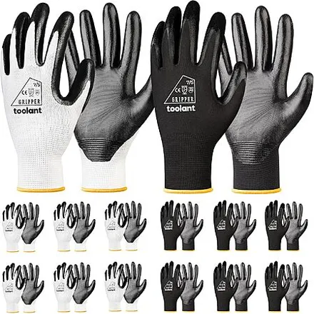 12-Pair toolant Nitrile Coated Work Gloves (White & Black)