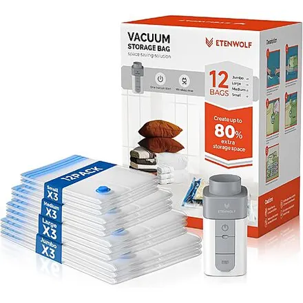 12-Pk ETENWOLF Vacuum Storage Bags w/ USB-C Rechargeable Air Pump