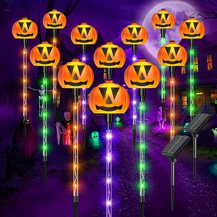 12-pk Solar Halloween Pumpkin Pathway Stake Lights