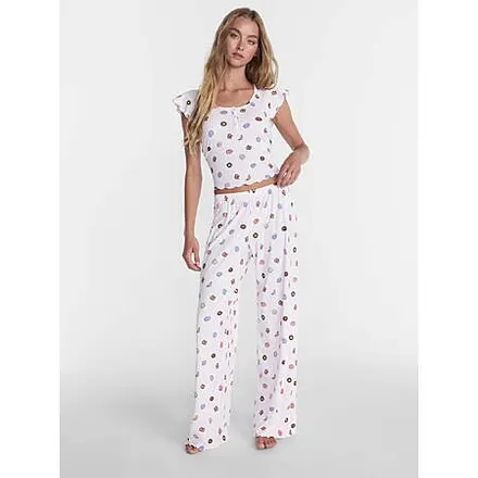 2-Pc No Boundaries Henley Top & Pants Sleep Set (Tinted Pink)