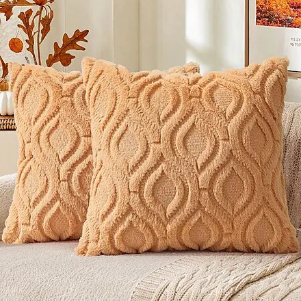 2-Pk 18" x 18" decorUhome Faux Fur Plush Throw Pillow Covers (Light Orange)