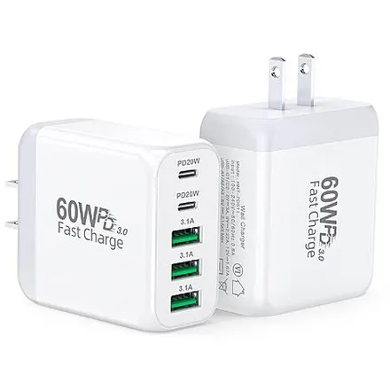 2-Pk 60W Max 5-Port CSODINCE USB-C Wall Charger Block w/ PD & QC 3.0