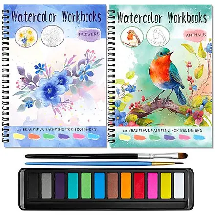 2-Pk Elfew Beginner Watercolor Workbooks w/ Paint Set & Brush, Animals & Flowers