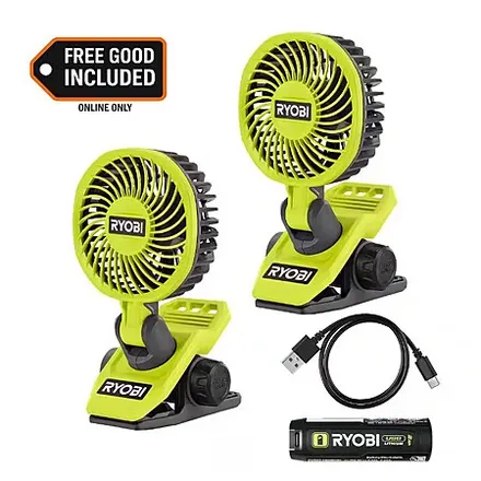 2-Pk RYOBI USB Lithium Clamp Fans + 1x 2.0Ah Battery
