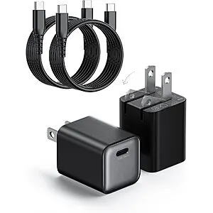 2-Pk Wegear 30W USB-C GaN III Wall Charger Block & Cable (Black or White)