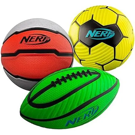 3-Pack Nerf Mini Foam Sports Ball Set (Spiral Football, Soccer, Basketball)