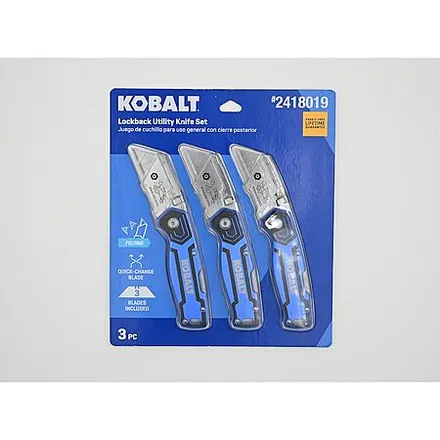 3-Pk 3/4" Kobalt Blue Lockback Folding Utility Knife Set