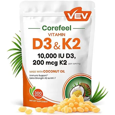 300-ct VEV Vitamin D3 K2 10,000 IU, 200 mcg K2 Coconut Oil Softgels