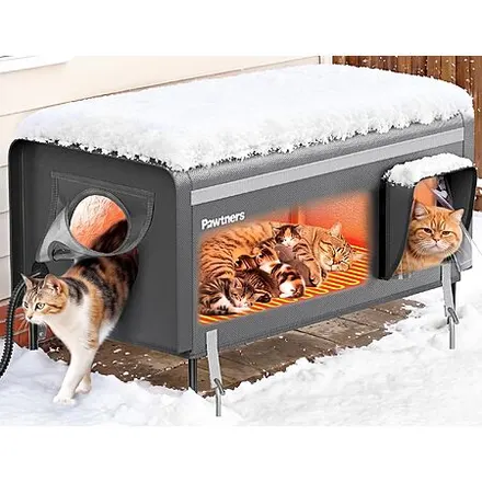32" XXL Pawtners Heated Insulated Outdoor Cat House (Grey, 17"D x 32"W x 18"H)