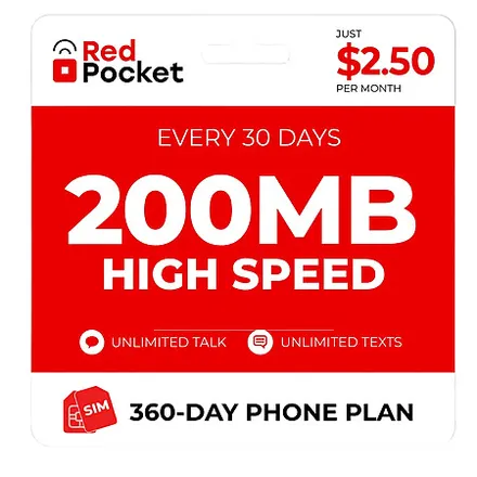 360-Day RedPocket Prepaid Wireless Phone Plan: Unlimited Talk / Text + 200MB Data