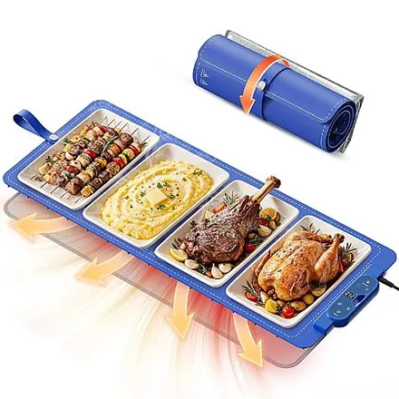 37"x15" FJAU Electric Silicone Food Warming Mat w/ 7 Heat Levels & 8-Hour Timer (Blue)