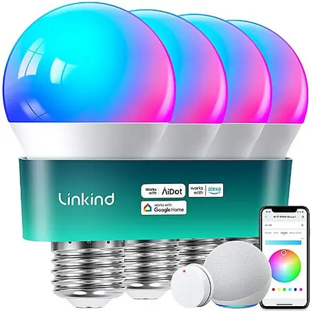 4-Pk Linkind A19 E26 9W RGBTW Color Changing Smart LED Light Bulbs