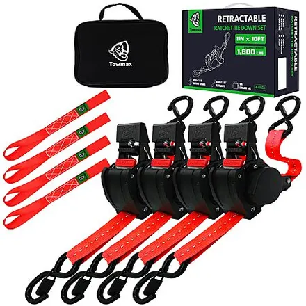 4-Pk Towmax Self Retracting Ratchet Straps Set (Red)