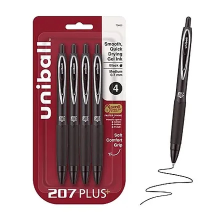 4-Pk uniball 207 Plus+ Retractable Gel Pens (Medium Point, 0.7mm, Black)