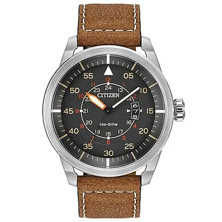 45mm Citizen Eco-Drive Avion 3-Hand Date Watch w/ Leather Strap