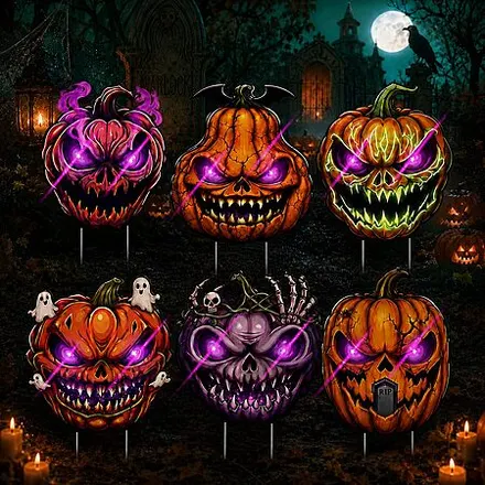 6-Ct DLPL LED Light-Up Halloween Pumpkin Yard Signs w/ Stakes