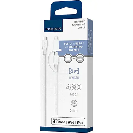 6' Insignia 2-In-1 USB-C Braided Charging Cable w/ Lightning Adapter (White)