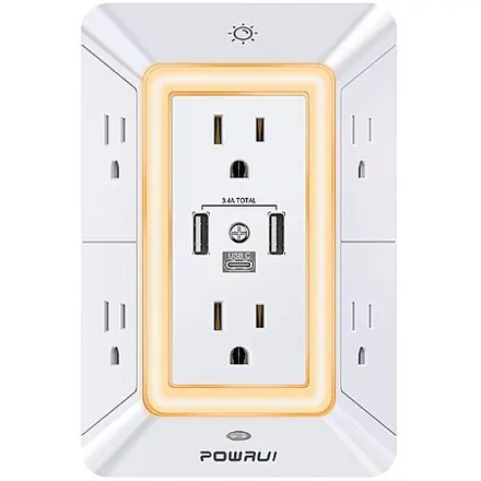 6-Outlet POWRUI 1680J Wall Extender w/ Night Light & 3x USB Ports