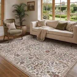 Bungalow Rose Vintage Boho Botanical Low-Pile Washable Area Rug