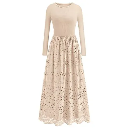 Dowerme Women's Long Sleeve Crewneck Eyelet A-Line Maxi Dress (Various)