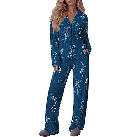 Ekouaer Women's Cotton Long Sleeve Button-Down Pajama Set w/ Pants & Pockets