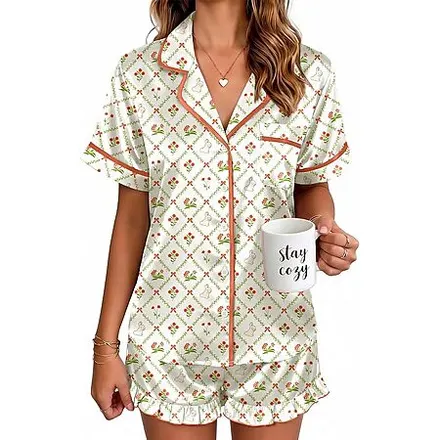 Ekouaer Women's Satin Ruffle Button-Up Short Pajama Set (various)