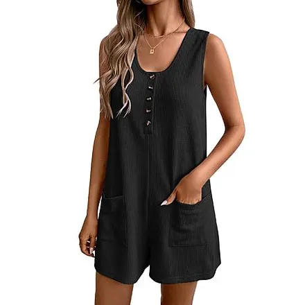 Ekouaer Women's Sleeveless Waffle Loose Romper (Black)