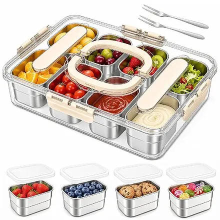 Gifhomfix 8-Compartment Stainless Steel Snackle Box w/ Carrying Handle & 2 Forks