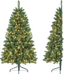 Goplus 5-Foot Pre-Lit Half-Shape Christmas Tree w/ 170 LED Lights