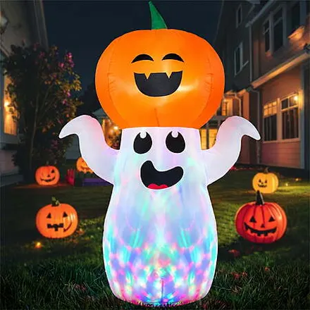 GVDV 5' Halloween Inflatable Pumpkin Ghost Decoration w/ 360° Rotating LED Lights
