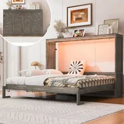 Harper & Bright Designs Brown Wood Frame Full Murphy Bed