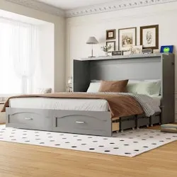 Harper & Bright Designs Gray Wood Frame Queen Murphy Bed w/ Charging Station and Drawers