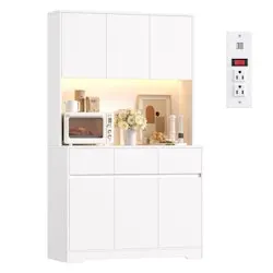 Homfa Kitchen Pantry Cabinet w/ Charge Station & LED Light
