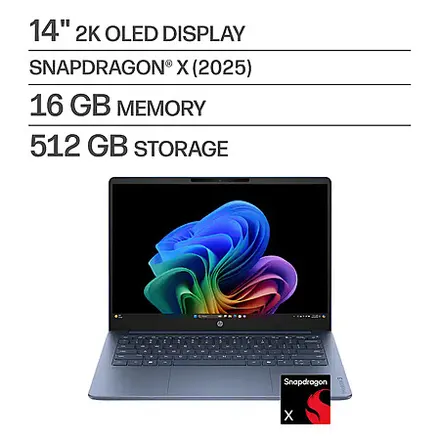 HP OmniBook 3 Laptop: 14" 2K OLED, Snapdragon X, 16GB RAM, 512GB SSD