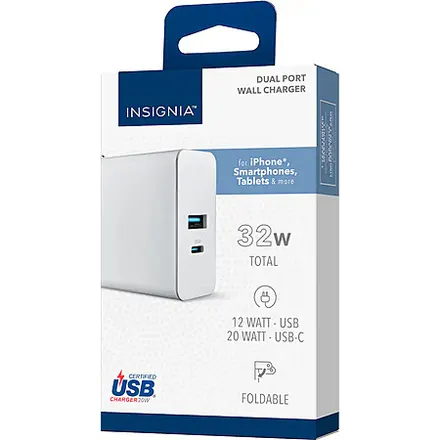 Insignia 32W Dual Port USB Foldable Wall Charger (White)