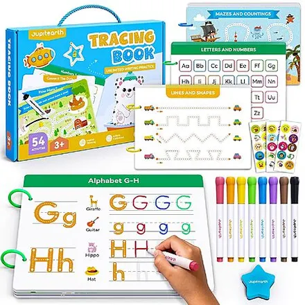 JUPITEARTH 54-pg Reusable Dry-Erase Kids Tracing Book w/ Markers & Stickers