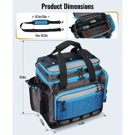 Kexmo Fishing Saltwater Tackle Box Bag w/ Padded Shoulder Straps (Blue/Yellow)