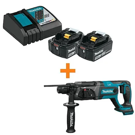 Makita 18V LXT Battery & Rapid Charger Pack (2-Ct 5Ah) w/ 18V 7/8" Rotary Hammer