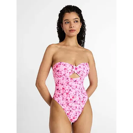 No Boundaries Women's Floral Bandeau One-Piece Swimsuit (Rosy Petal, M-L)