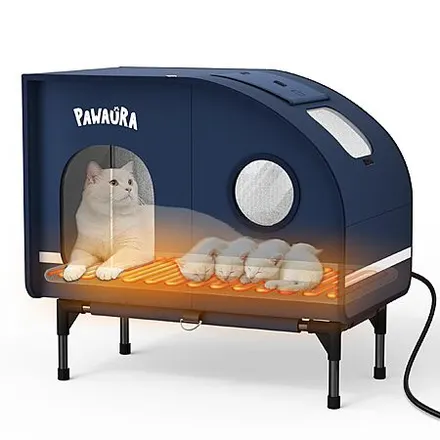 PAWAURA Large Heated Outdoor Cat House w/ Waterproof Insulation & Elevated Base