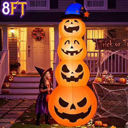 Qunler 8' Halloween Pumpkin Stack Inflatable Decoration w/ Witch Hat