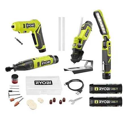 RYOBI 4-Tool USB Lithium Project Kit w/ 2x 2Ah Batteries + Charging Cable