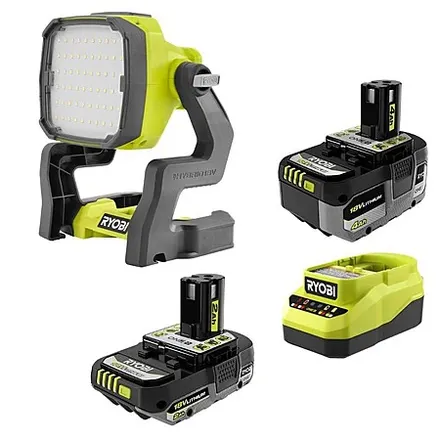 RYOBI ONE+ 18V Hybrid LED Work Light Kit w/ 2.0 Ah + 4.0 Ah Batteries & Charger