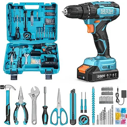 SEESII 20V Cordless Drill & Home Tool Kit w/ 2000mAh Battery & Charger
