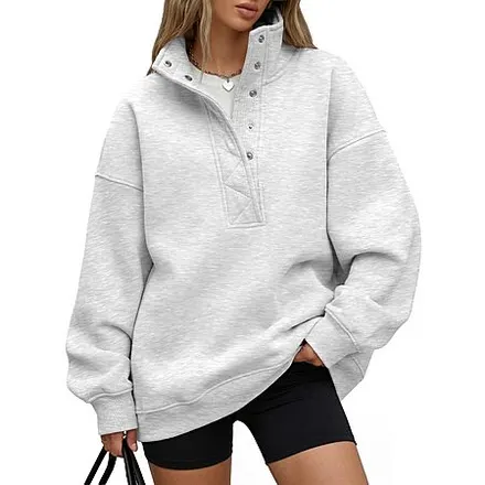 Trendy Queen Womens Oversized Fleece Henley Sweatshirt (Size M only)