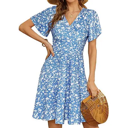 UVN Women's Short Sleeve V Neck A-Line Midi Dress Boho Beach Floral Print Sundress