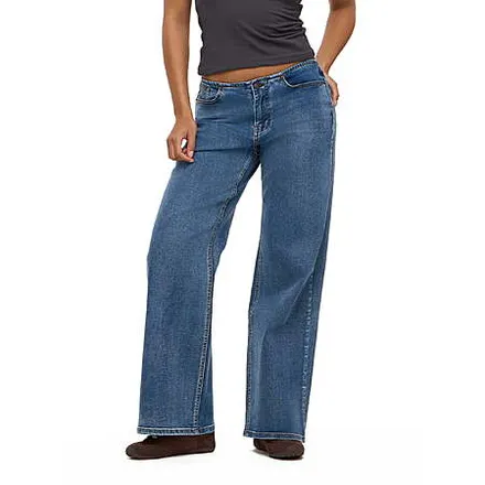 Women's Forever 21 Mid Rise No Waist Wide Leg Stretch Denim Pants (Blue)