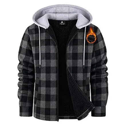 ZITY Men's Flannel Sherpa Fleece Lined Full-Zip Plaid Hooded Jacket